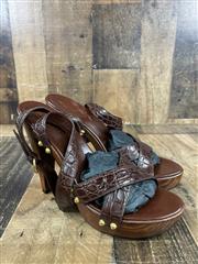 Gucci Crocodile Brown Leather Straps Wooden Sandal Size 11